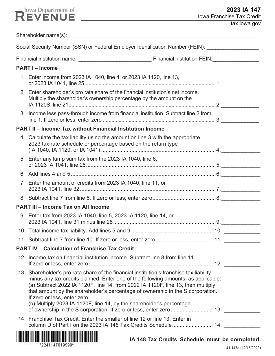 Form IA147 Iowa Franchise Tax Credit - Iowa, Page 1