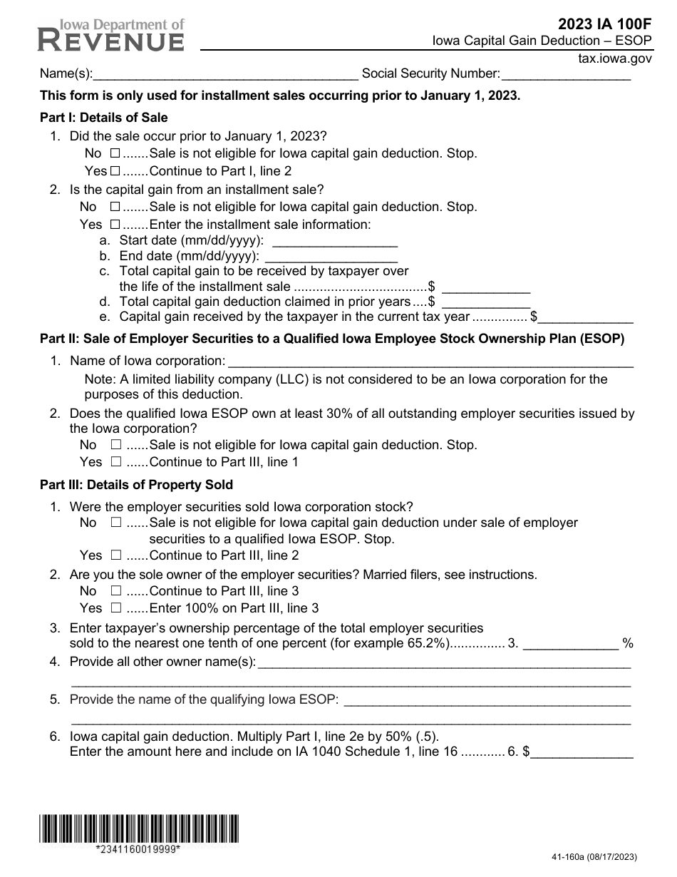 Form IA100F (41-160) Iowa Capital Gain Deduction - Esop - Iowa, Page 1