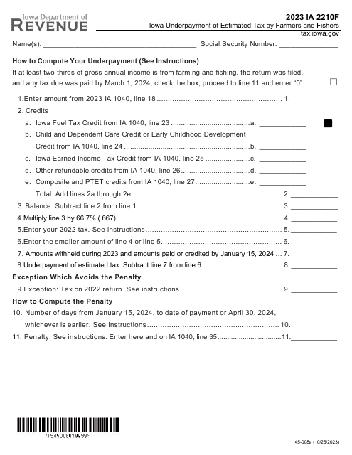 Form IA2210F (45-008) Iowa Underpayment of Estimated Tax by Farmers and Fishers - Iowa, 2023