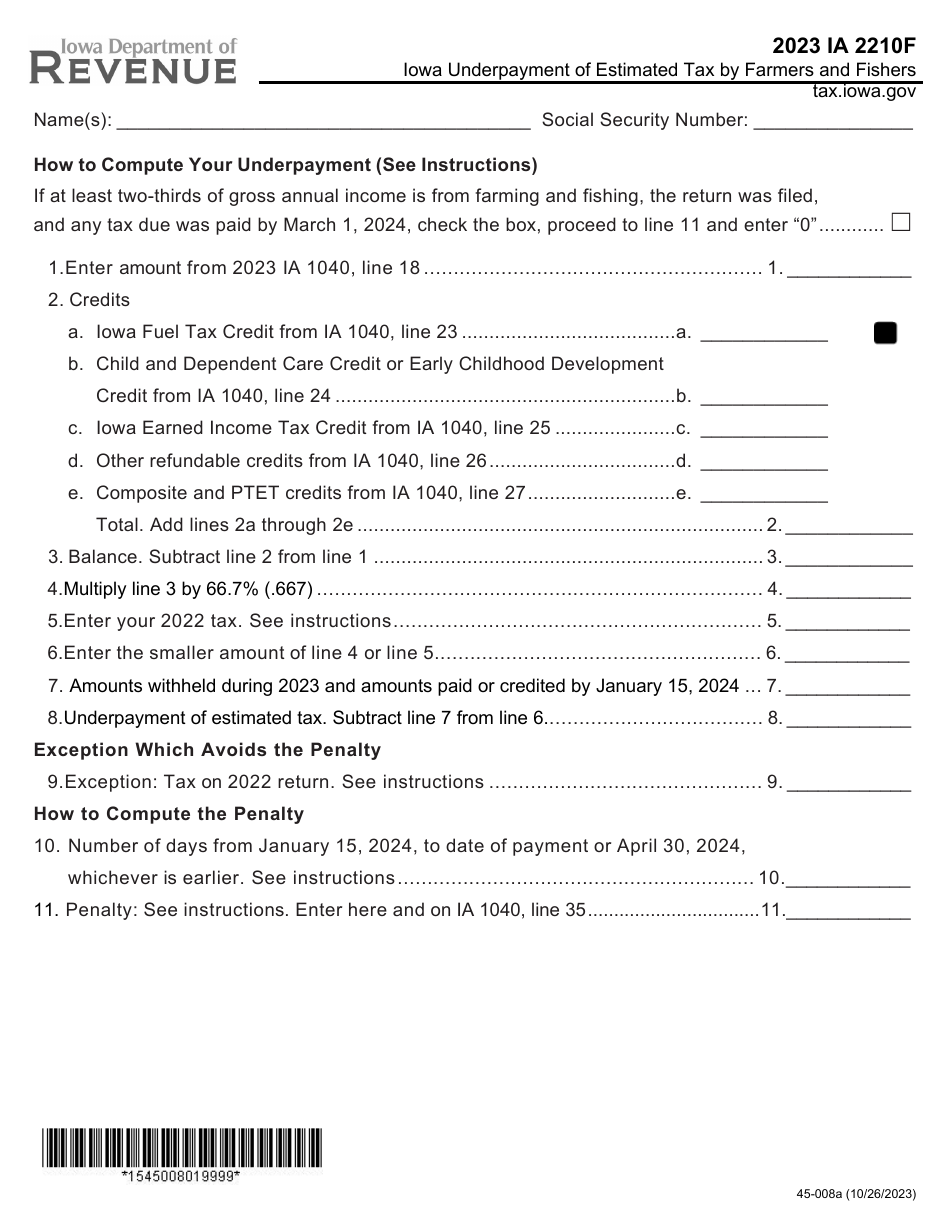 Form IA2210F (45-008) Iowa Underpayment of Estimated Tax by Farmers and Fishers - Iowa, Page 1