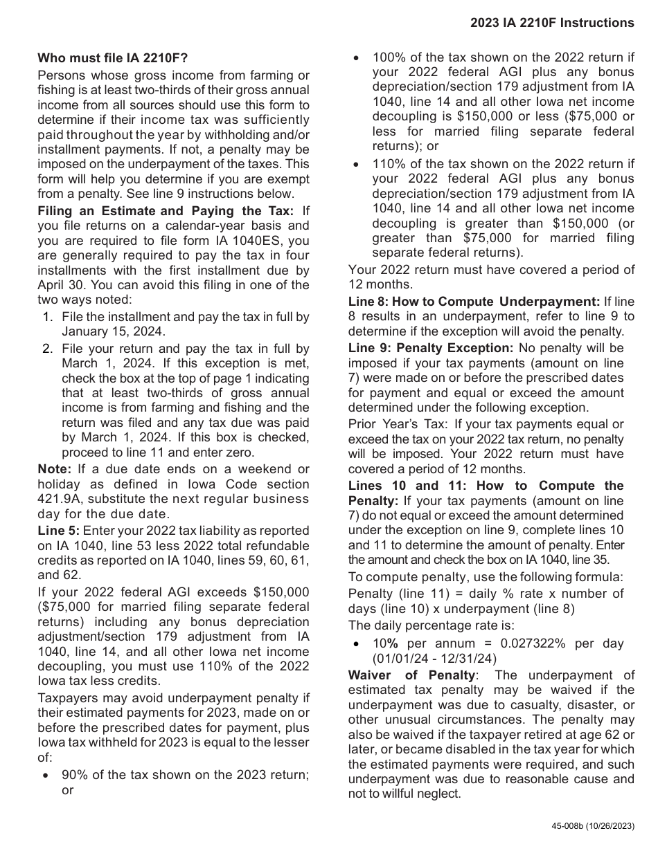 Form IA2210F (45-008) Iowa Underpayment of Estimated Tax by Farmers and Fishers - Iowa, Page 2
