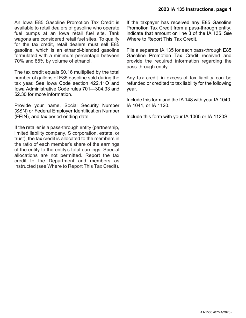 Form IA135 (41-150) Iowa E85 Gasoline Promotion Tax Credit - Iowa, Page 2