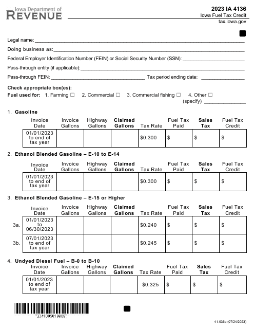 Form IA4136 (41-036) Iowa Fuel Tax Credit - Iowa, 2023