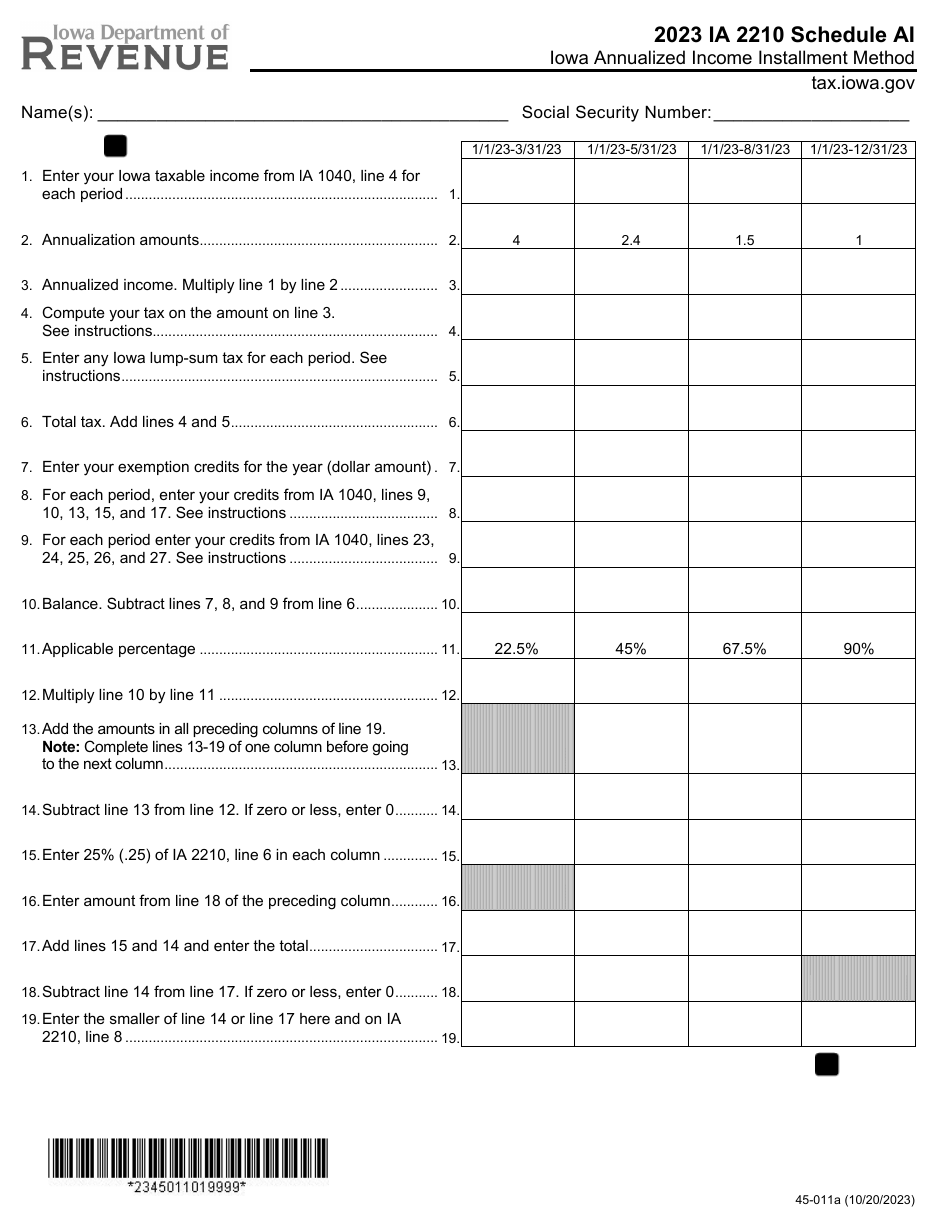 Form IA2210 (45-011) Schedule AI Iowa Annualized Income Installment Method - Iowa, Page 1