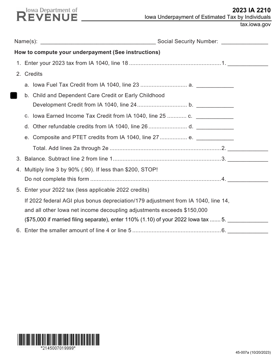 Form IA2210 (45-007) Iowa Underpayment of Estimated Tax by Individuals - Iowa, Page 1