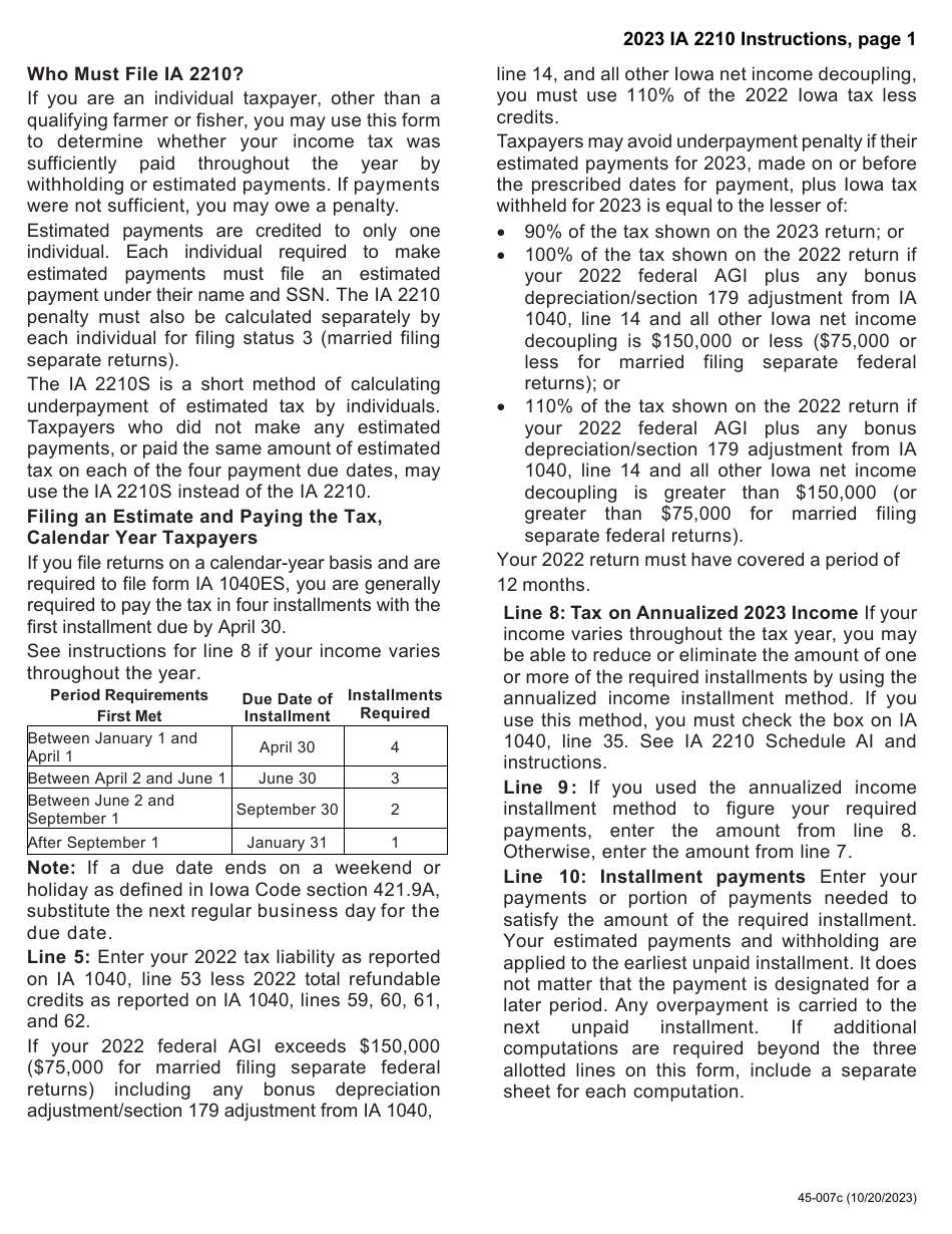 Form IA2210 (45-007) Iowa Underpayment of Estimated Tax by Individuals - Iowa, Page 3