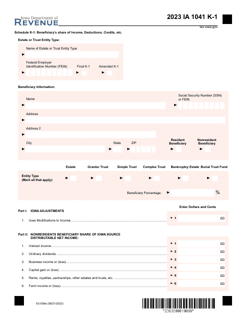 Form IA1041 (63-009) Schedule K-1 Beneficiary's Share of Income, Deductions, Credits, Etc. - Iowa, 2023