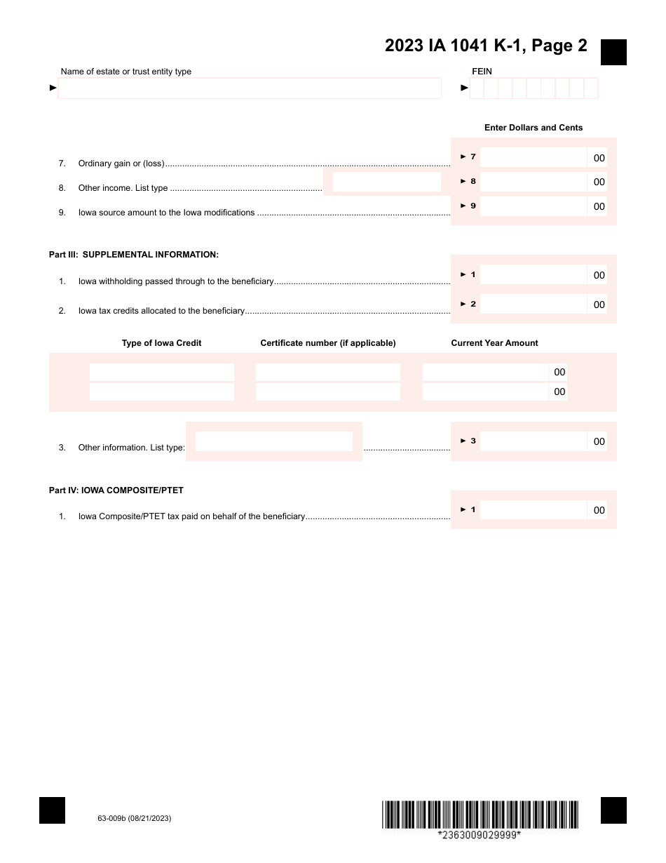 Form IA1041 (63-009) Schedule K-1 Beneficiarys Share of Income, Deductions, Credits, Etc. - Iowa, Page 2