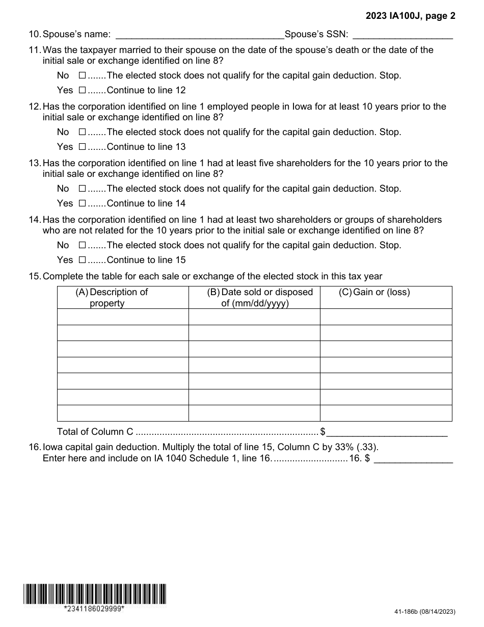 Form IA100J (41-186) Iowa Capital Gain Deduction - Capital Stock Election - Iowa, Page 2