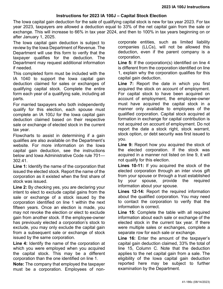 Form IA100J (41-186) Iowa Capital Gain Deduction - Capital Stock Election - Iowa, Page 3