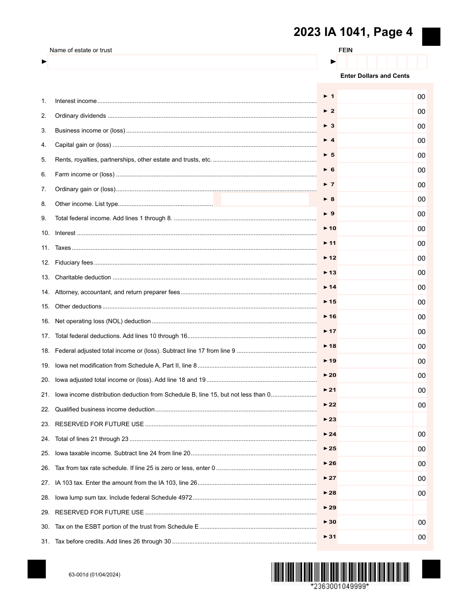 Form IA1041 (63-001) Iowa Fiduciary Return - Iowa, Page 4