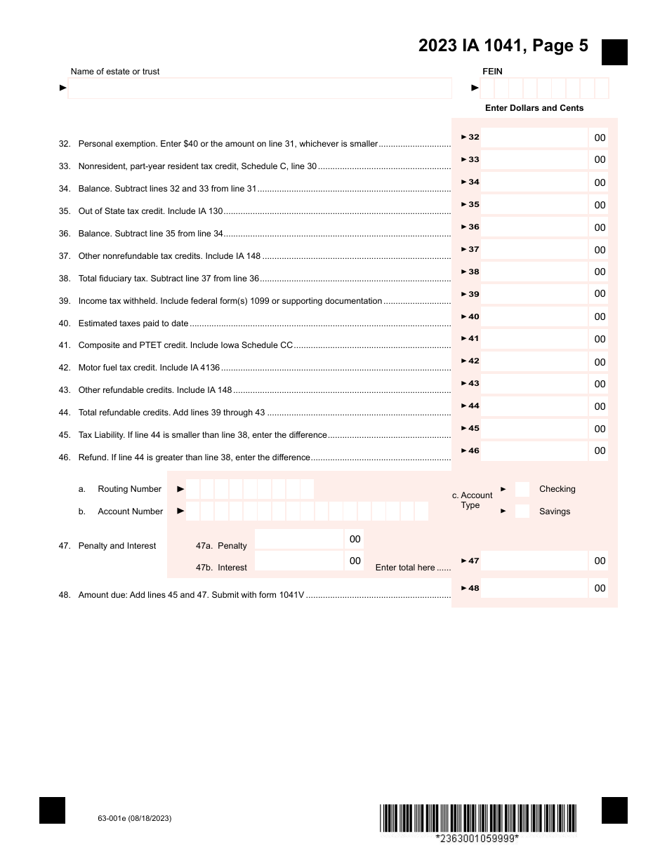 Form IA1041 (63-001) Iowa Fiduciary Return - Iowa, Page 5