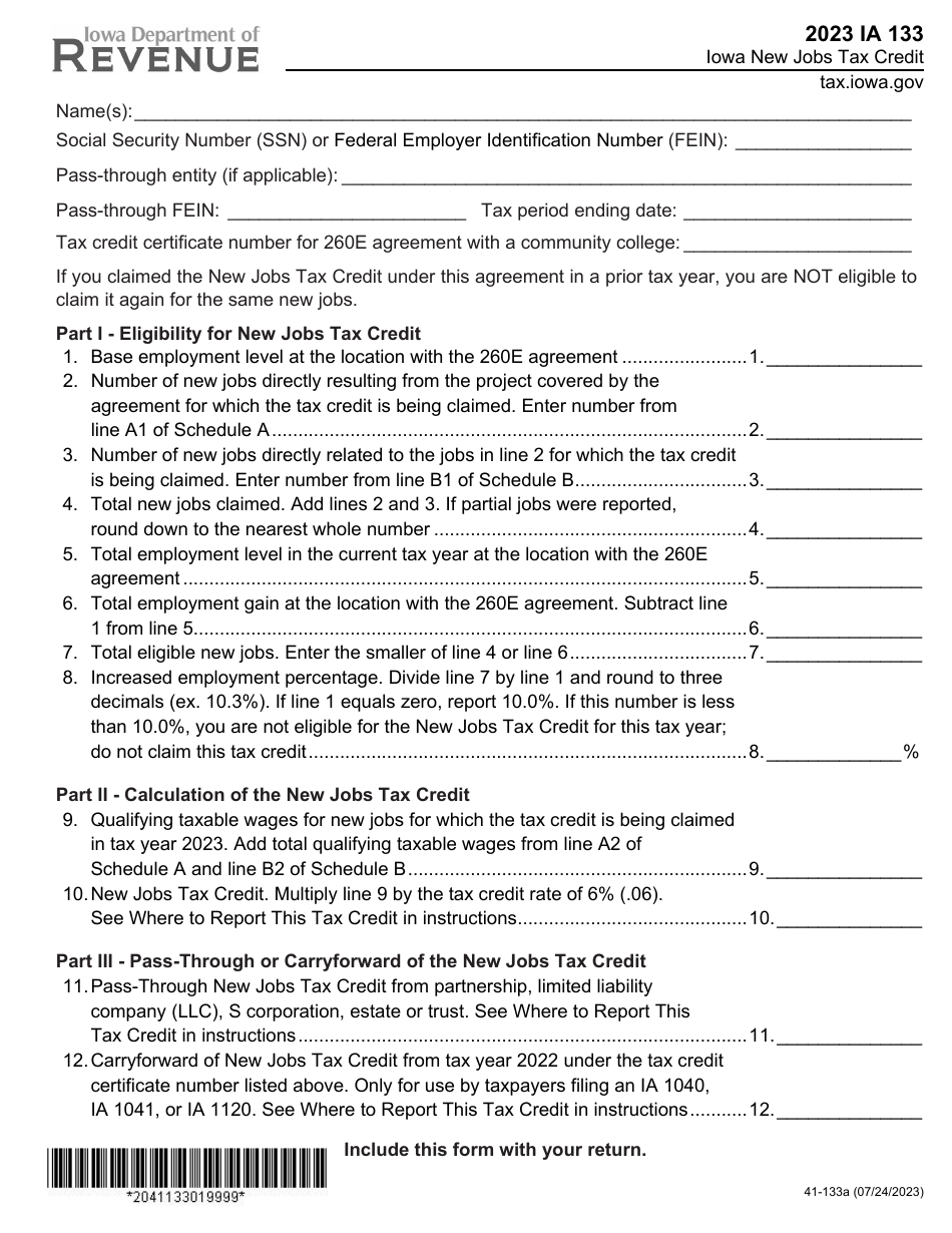 Form IA133 (41-133) Iowa New Jobs Tax Credit - Iowa, Page 1