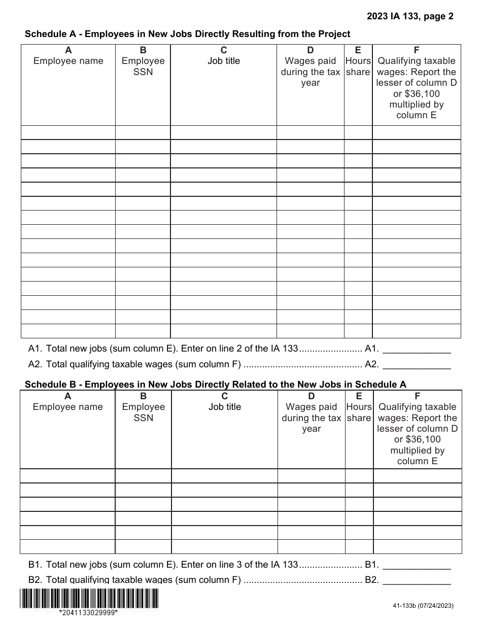 Form IA133 (41-133) Iowa New Jobs Tax Credit - Iowa, Page 2