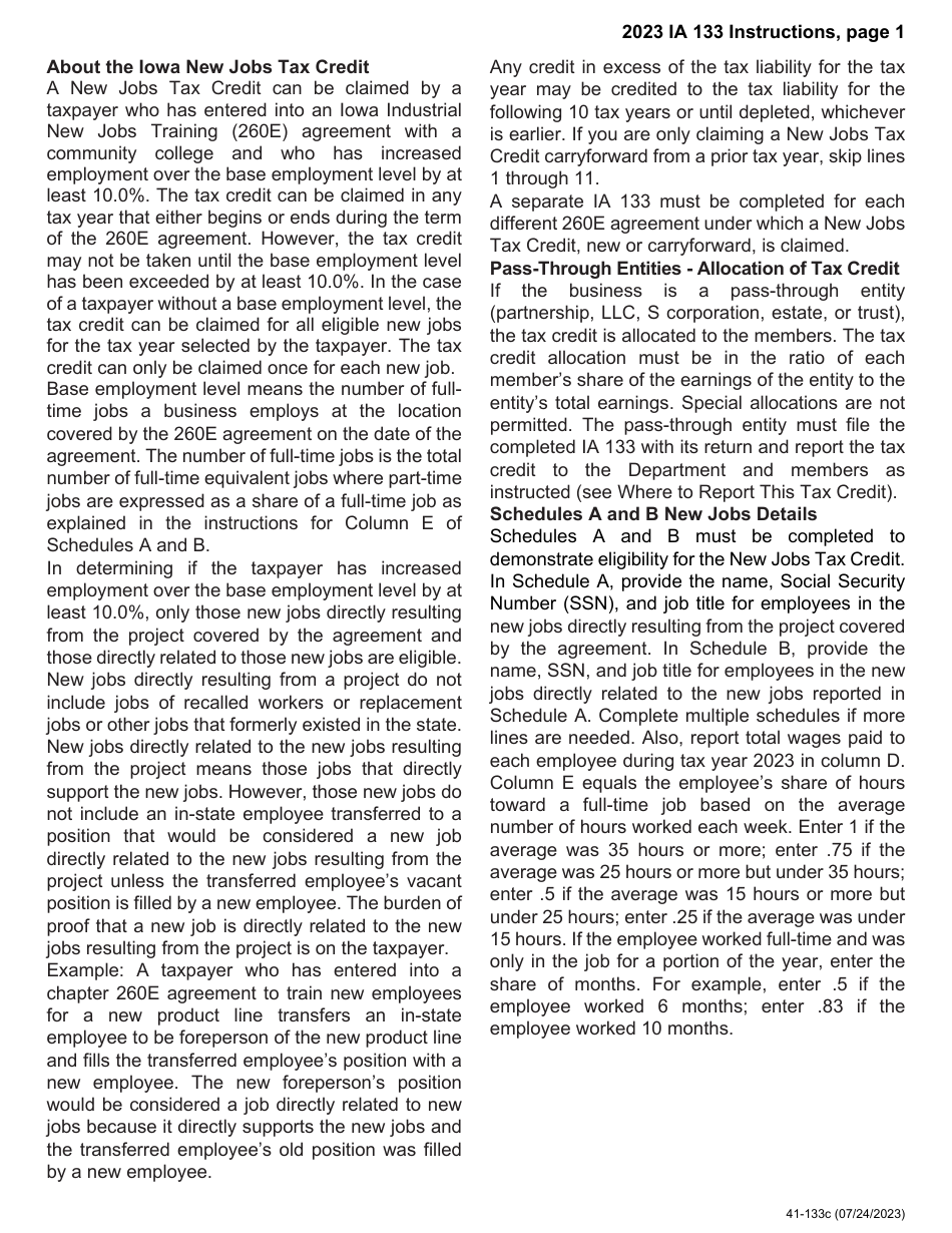 Form IA133 (41-133) Iowa New Jobs Tax Credit - Iowa, Page 3