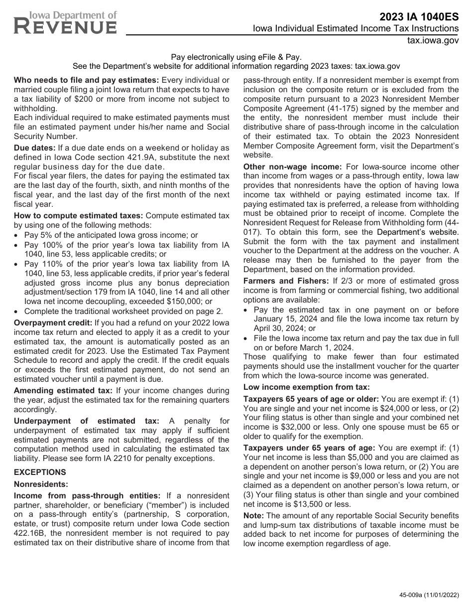 Instructions for Form IA1040ES, 96-048 Iowa Individual Estimated Income Tax Payment Voucher - Iowa, Page 1