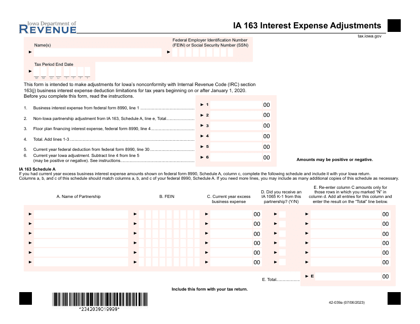 Form IA163 (42-039) Interest Expense Adjustments - Iowa, 2023