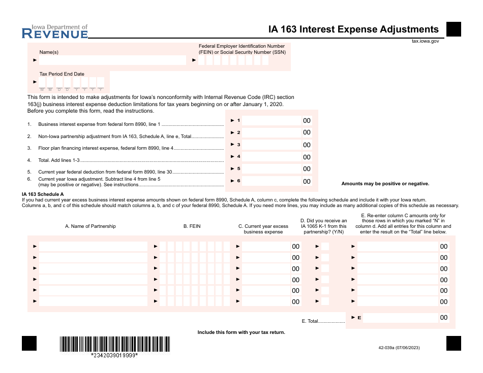 Form IA163 (42-039) Interest Expense Adjustments - Iowa, Page 1