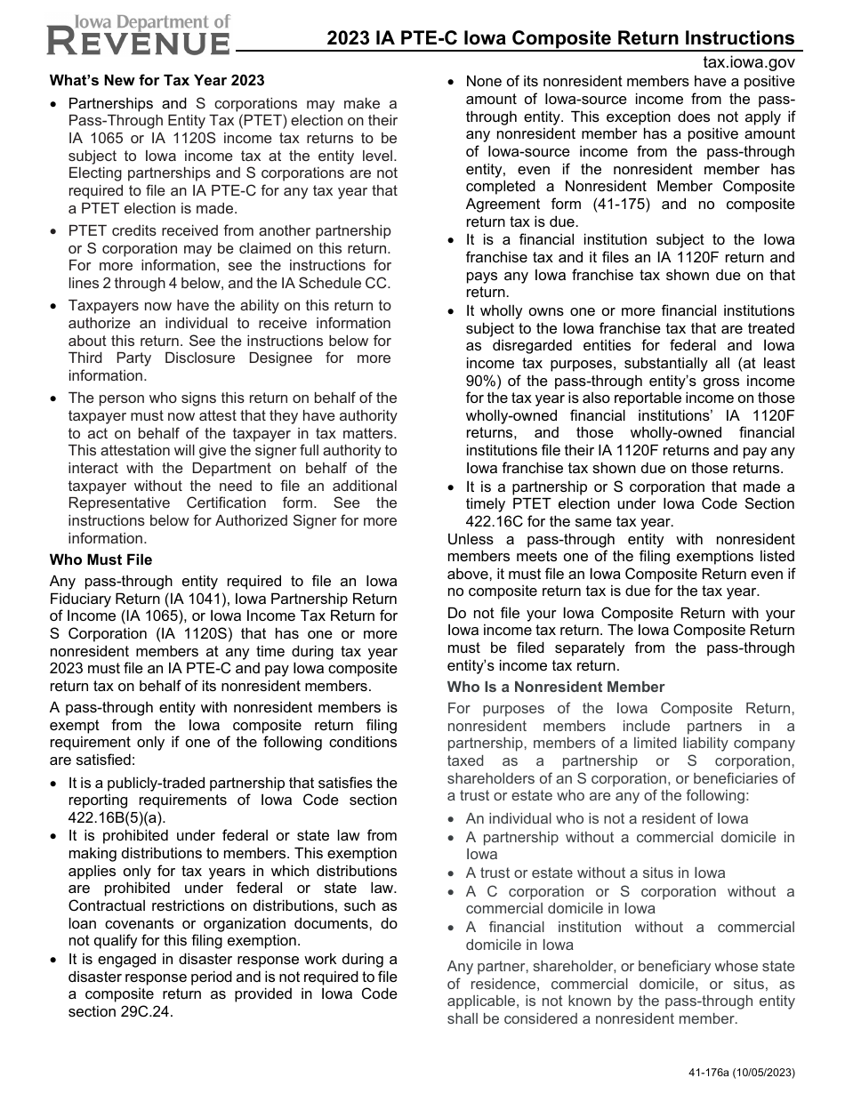 Download Instructions for Form IA PTE-C, 41-174 Iowa Composite Return ...