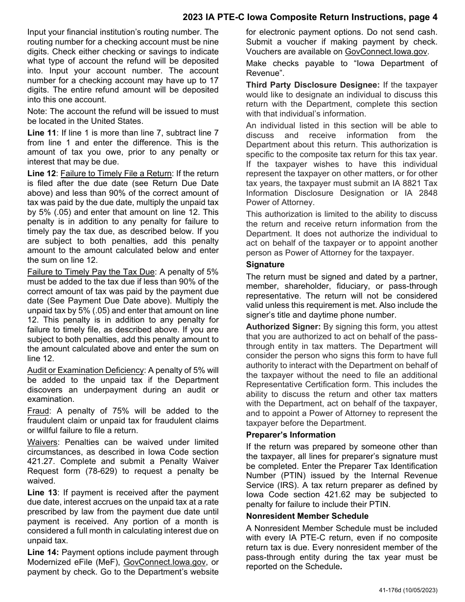 Instructions for Form IA PTE-C, 41-174 Iowa Composite Return - Iowa, Page 4
