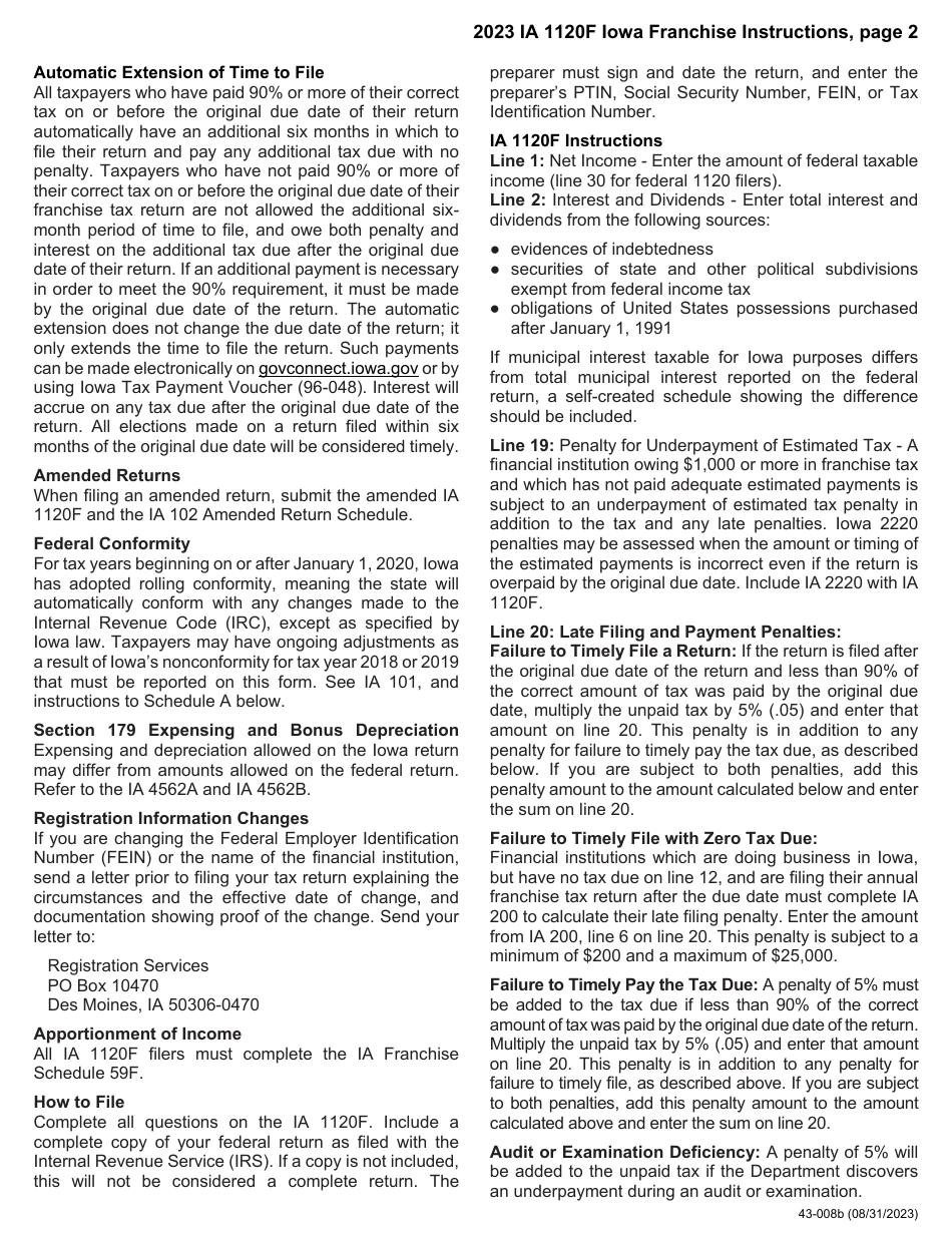 Instructions for Form IA1120F, 43-001 Franchise Return for Financial Institutions - Iowa, Page 2