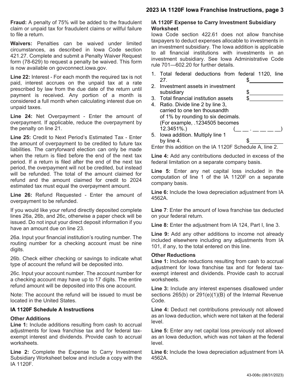 Instructions for Form IA1120F, 43-001 Franchise Return for Financial Institutions - Iowa, Page 3