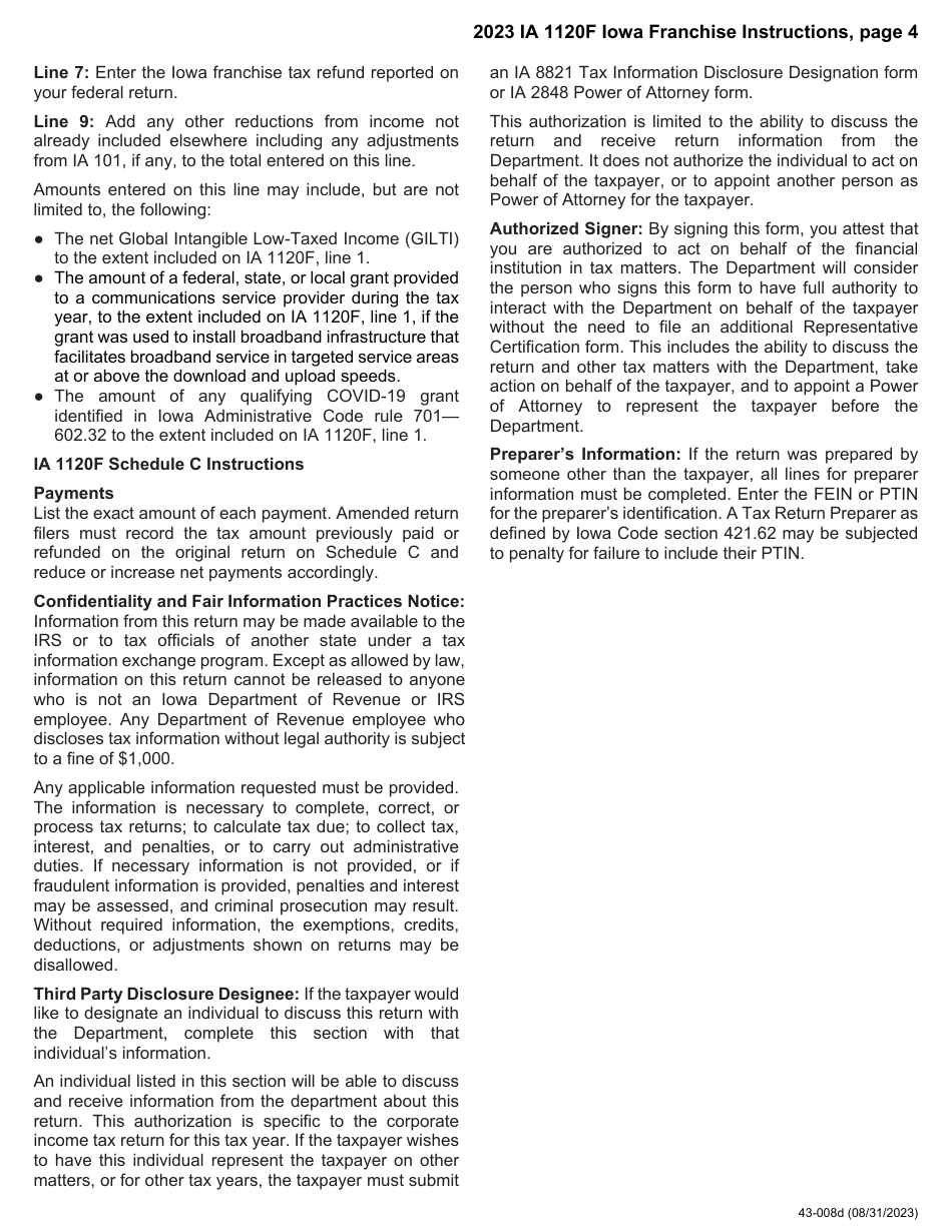Instructions for Form IA1120F, 43-001 Franchise Return for Financial Institutions - Iowa, Page 4