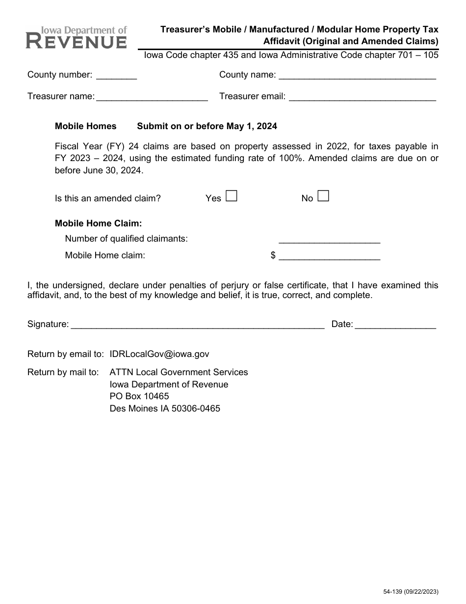 Form 54-139 Treasurers Mobile / Manufactured / Modular Home Property Tax Affidavit (Original and Amended Claims) - Iowa, Page 1