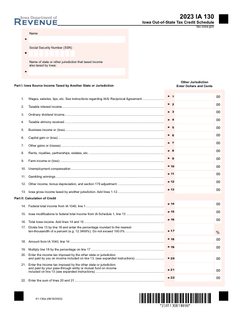 Form IA130 (41-130) Iowa Out-of-State Tax Credit Schedule - Iowa, 2023