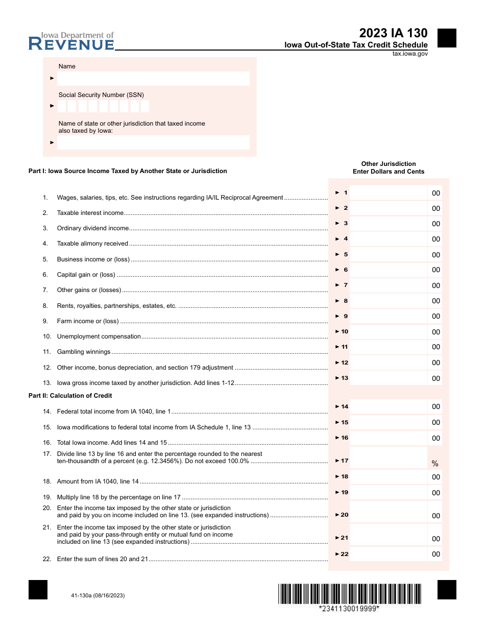 Form IA130 (41-130) Iowa Out-of-State Tax Credit Schedule - Iowa, Page 1