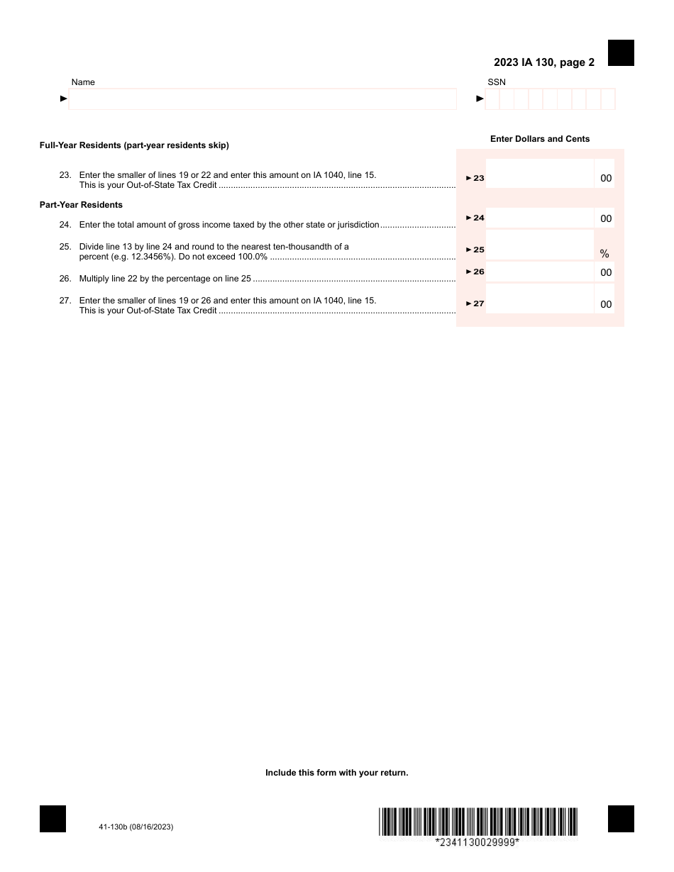 Form IA130 (41-130) Iowa Out-of-State Tax Credit Schedule - Iowa, Page 2