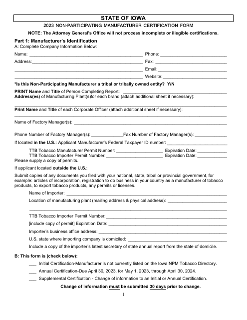 Non-participating Manufacturer Certification Form - Iowa, 2023