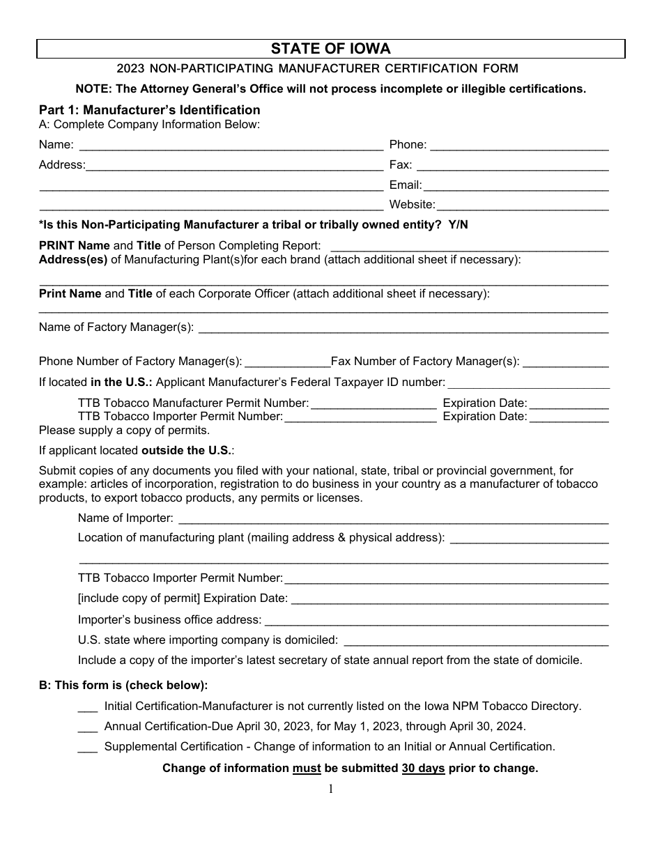 Non-participating Manufacturer Certification Form - Iowa, Page 1