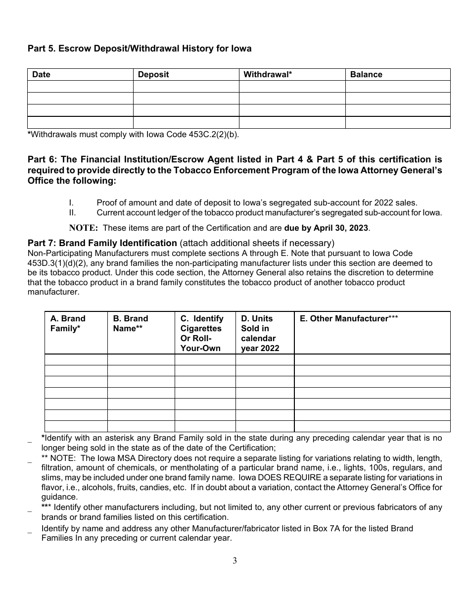 Non-participating Manufacturer Certification Form - Iowa, Page 3