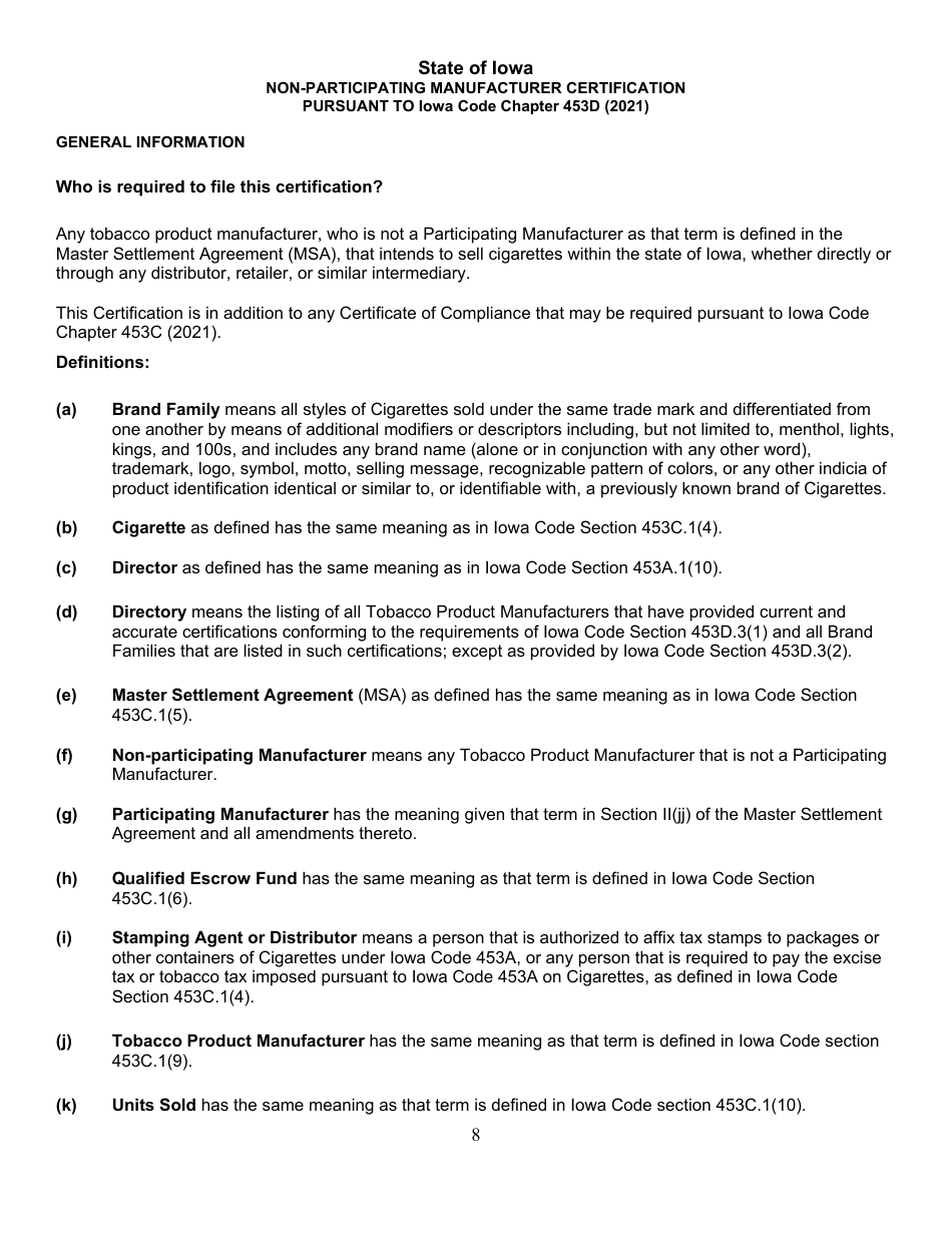 Non-participating Manufacturer Certification Form - Iowa, Page 8
