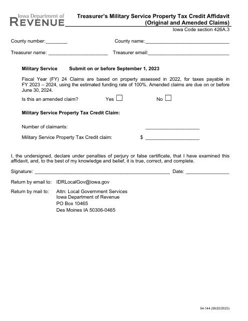 Form 54-144 Treasurer's Military Service Property Tax Credit Affidavit (Original and Amended Claims) - Iowa, 2024
