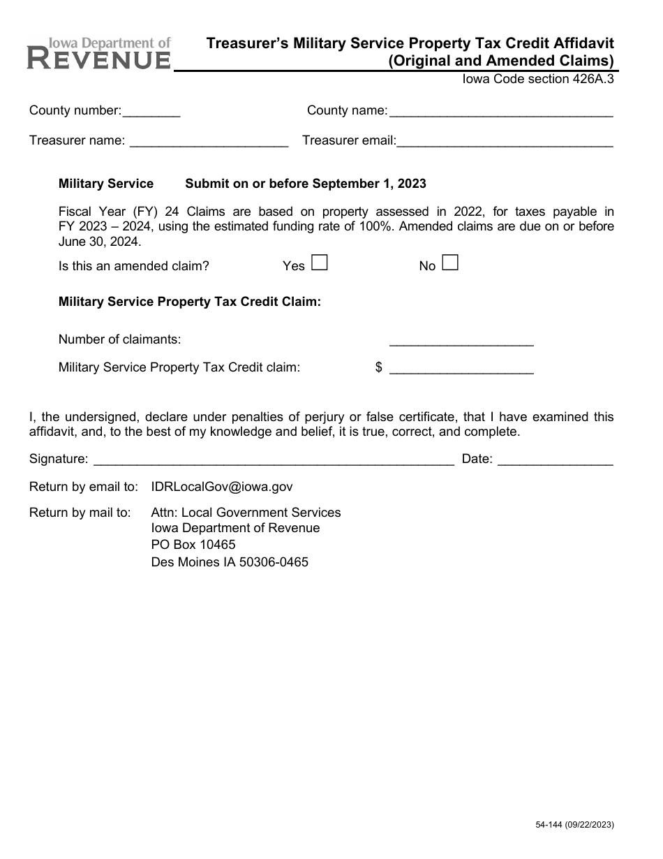 Form 54-144 Treasurers Military Service Property Tax Credit Affidavit (Original and Amended Claims) - Iowa, Page 1