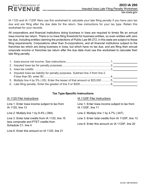 Form IA200 (42-041) Imputed Iowa Late Filing Penalty Worksheet - Iowa, 2023
