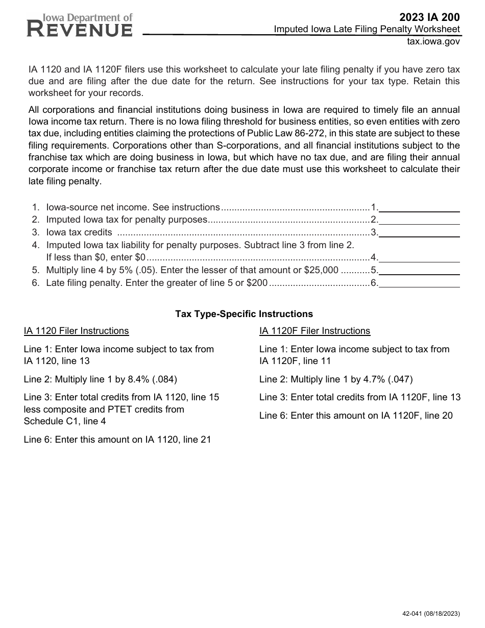 Form IA200 (42-041) Imputed Iowa Late Filing Penalty Worksheet - Iowa, Page 1