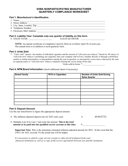 Iowa Nonparticipating Manufacturer Quarterly Compliance Worksheet - Iowa Download Pdf