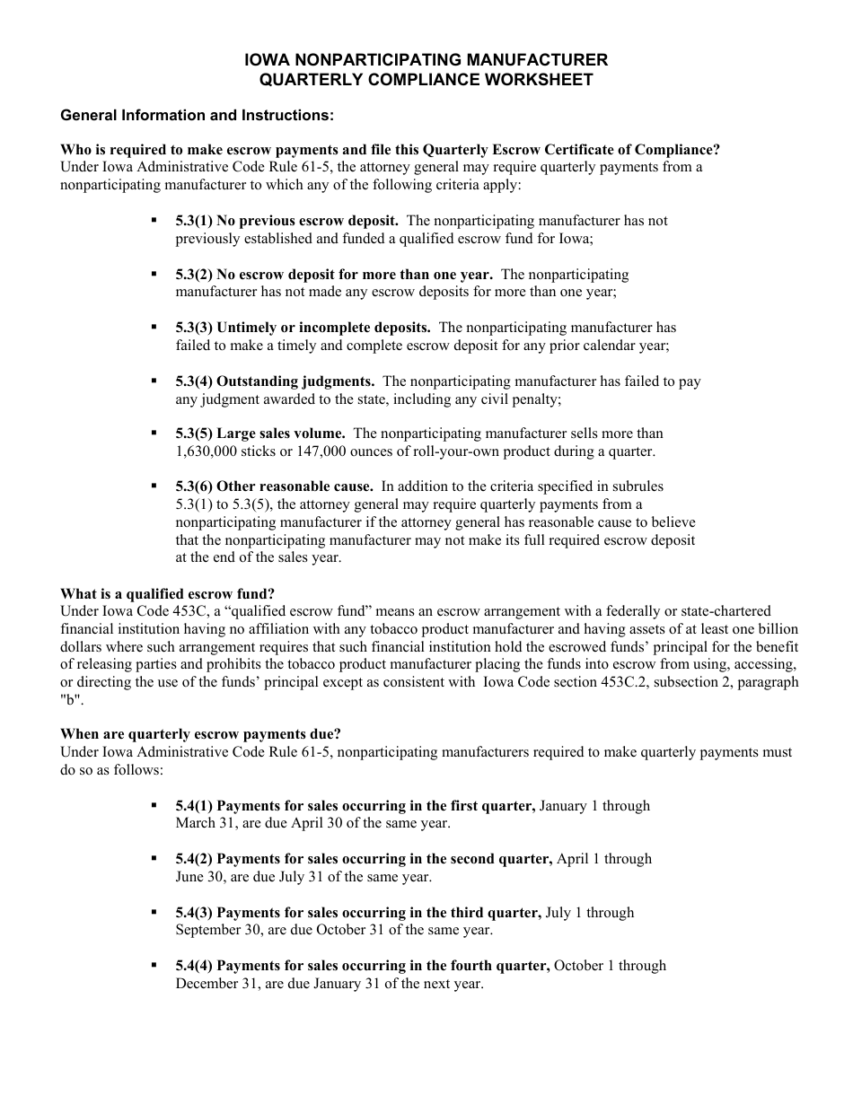 Iowa Nonparticipating Manufacturer Quarterly Compliance Worksheet - Iowa, Page 3