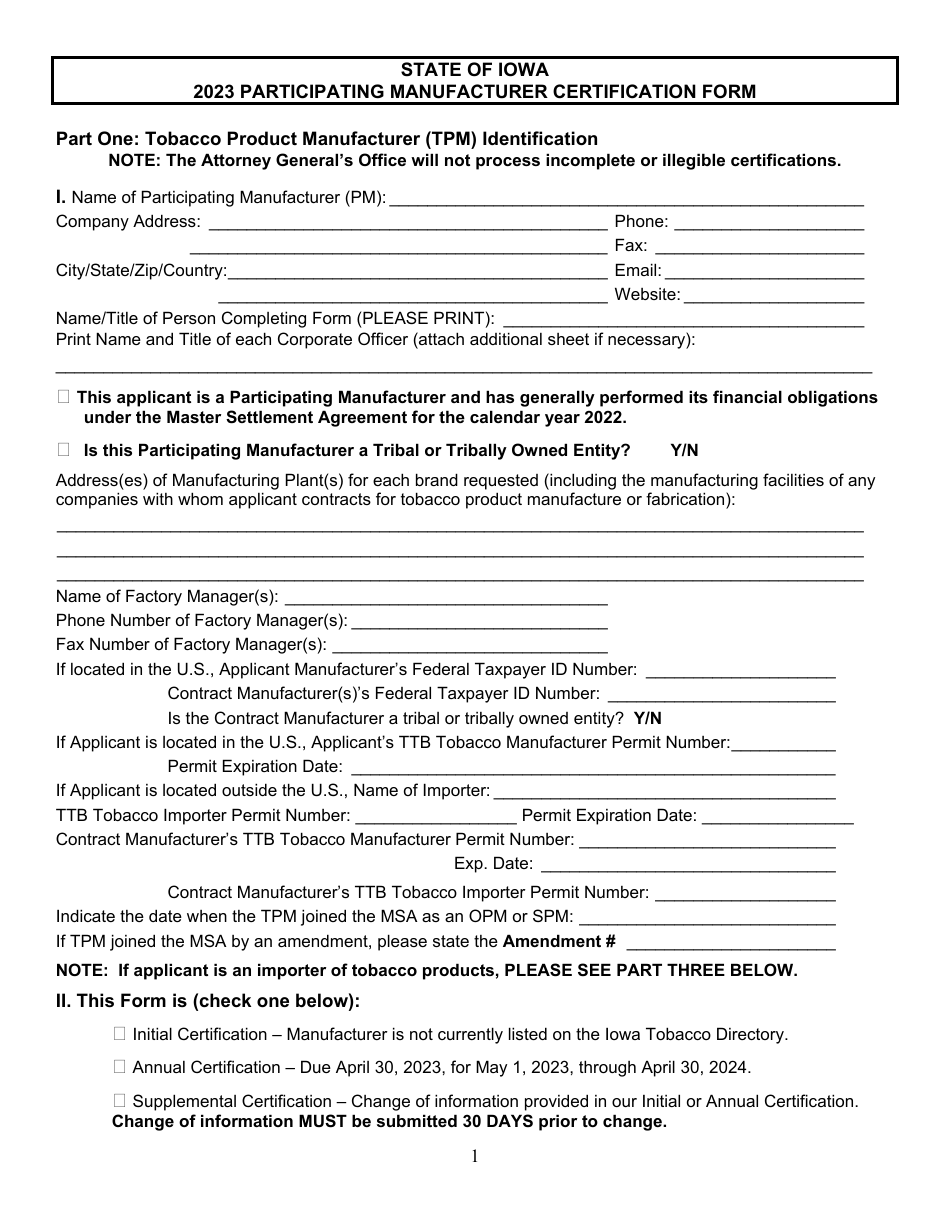 Participating Manufacturer Certification Form - Iowa, Page 1