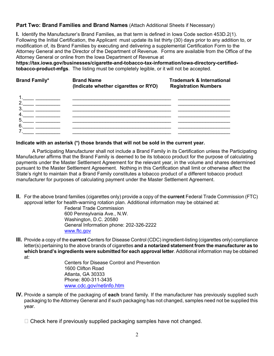 Participating Manufacturer Certification Form - Iowa, Page 2