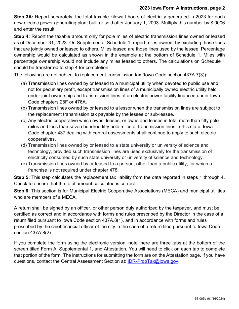 Instructions for Form A, 53-004 Replacement Tax - Electric Delivery, Generation  Transmission - Iowa, Page 2
