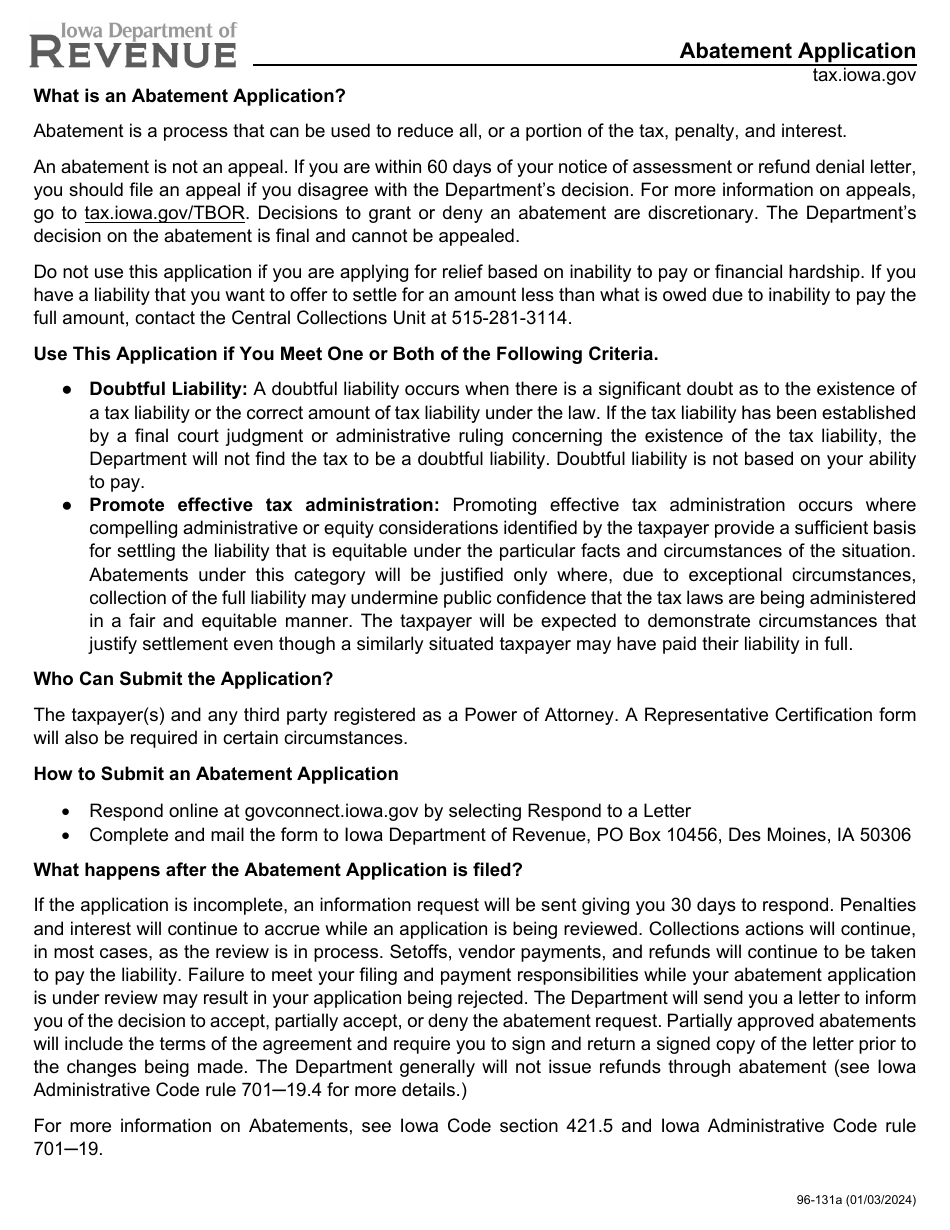 Form 96-131 Abatement Application - Iowa, Page 1