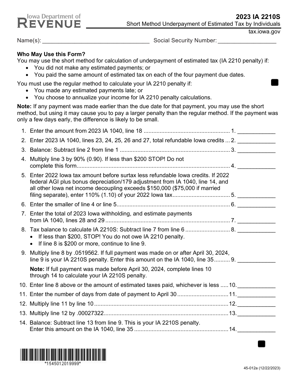Form IA2210S (45-012) Short Method Underpayment of Estimated Tax by Individuals - Iowa, Page 1