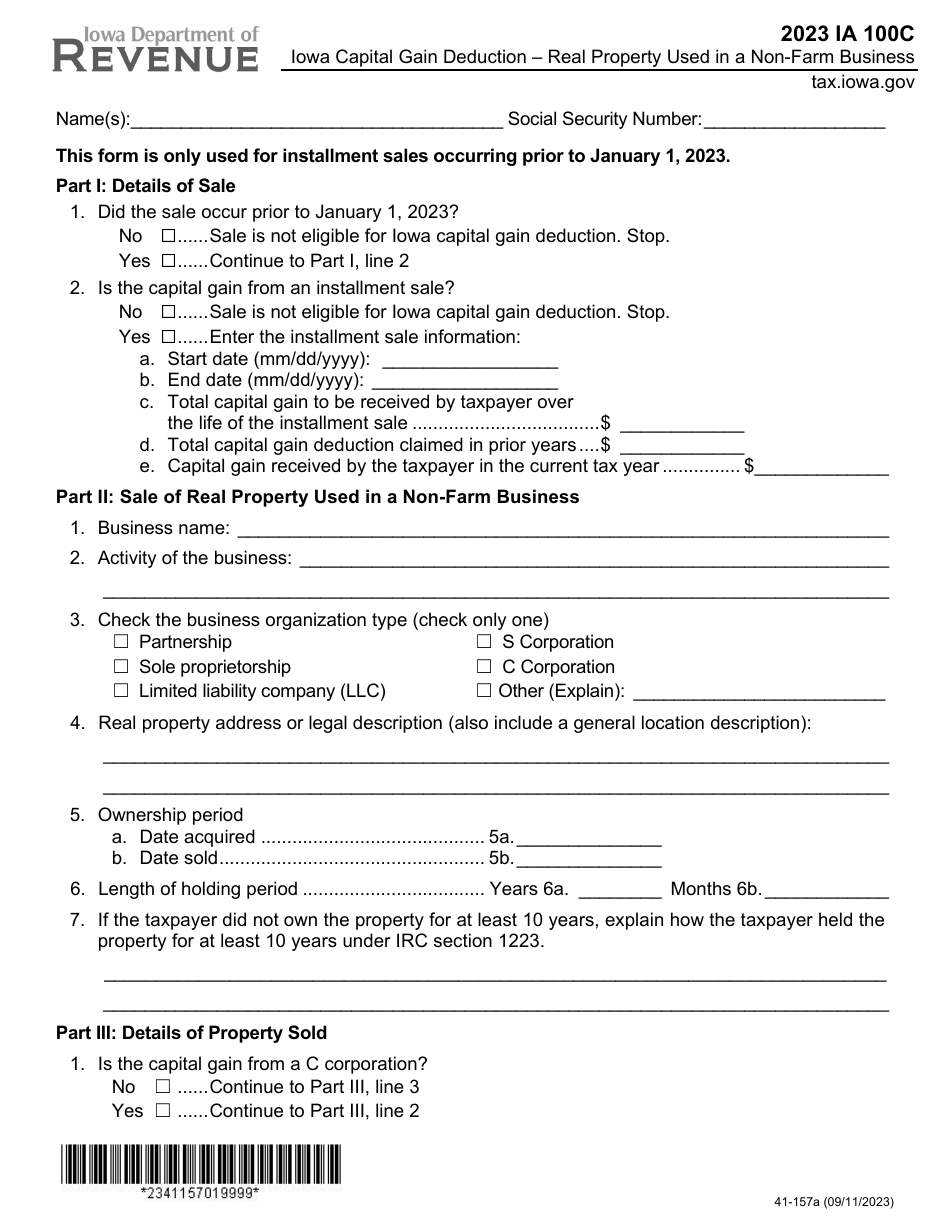 Form IA100C (41-157) Iowa Capital Gain Deduction - Real Property Used in a Non-farm Business - Iowa, Page 1