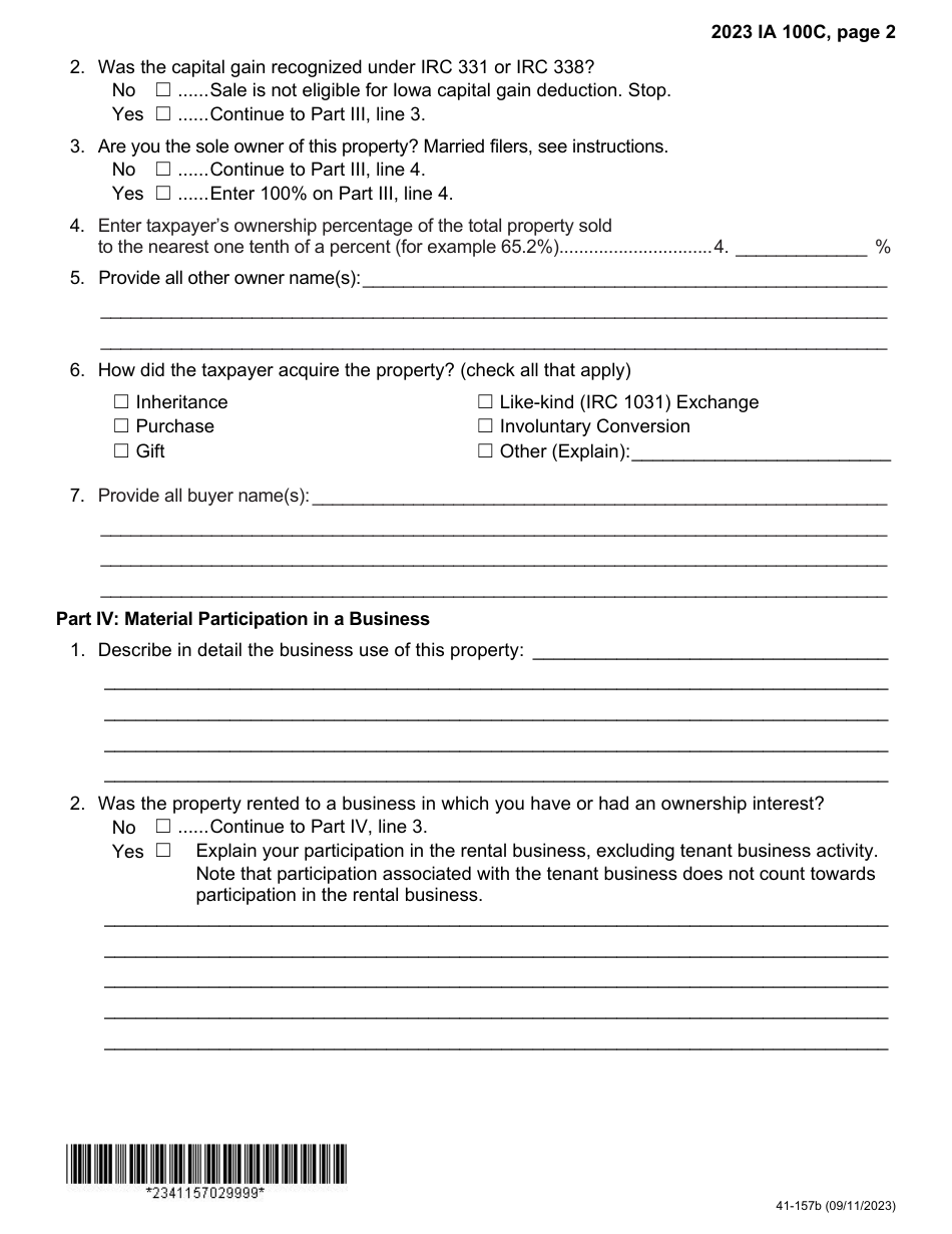 Form IA100C (41-157) Iowa Capital Gain Deduction - Real Property Used in a Non-farm Business - Iowa, Page 2