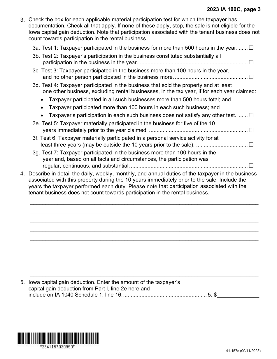 Form IA100C (41-157) Iowa Capital Gain Deduction - Real Property Used in a Non-farm Business - Iowa, Page 3