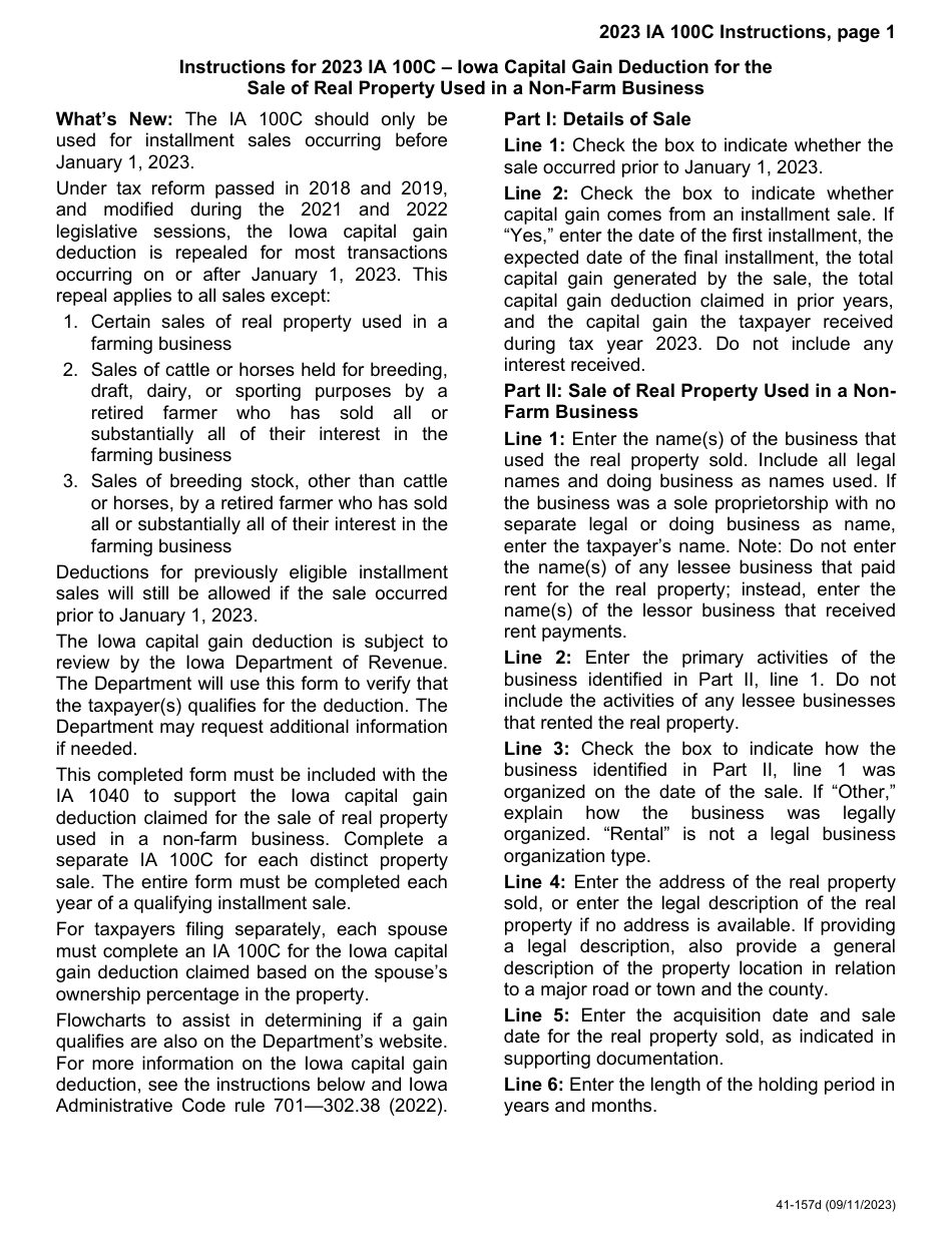Form IA100C (41-157) Iowa Capital Gain Deduction - Real Property Used in a Non-farm Business - Iowa, Page 4